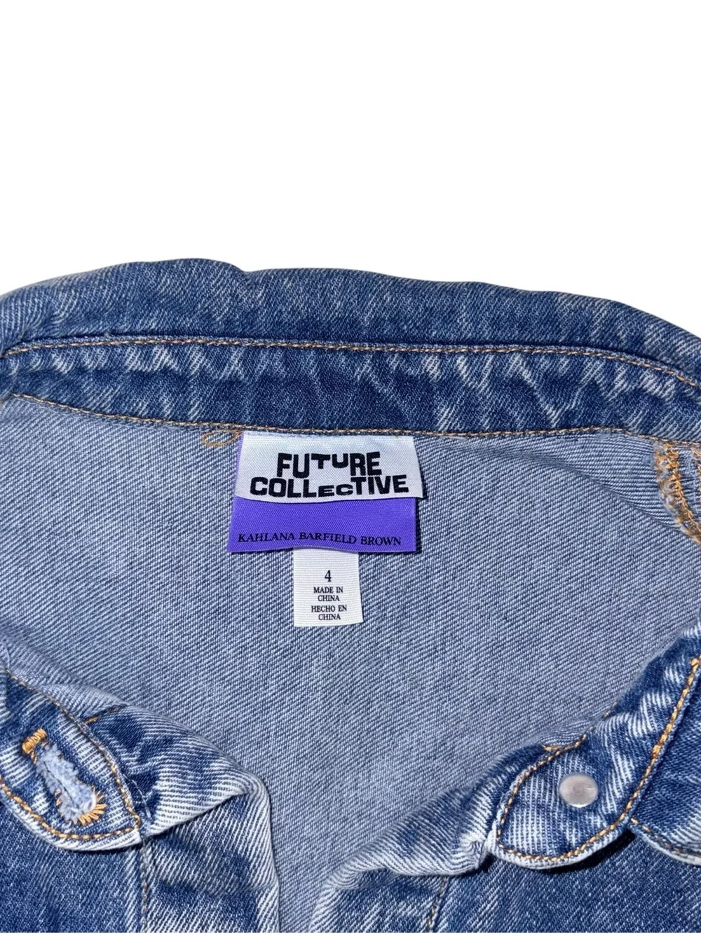 FUTURE COLLECTIVE WITH KAHLANA BARFIELD BROWN half Sleeve Utility Denim sz 4